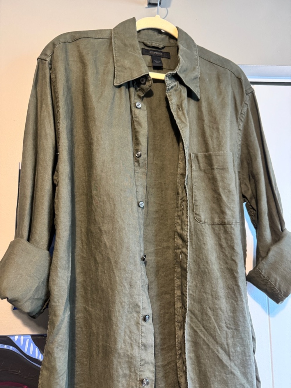 Express 100% Linen Oversized Shacket Olive Green Large